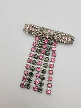 Art Deco Revival 1980s Rhinestone Fringe Bar Brooch Pin Pink Green Silver Tone